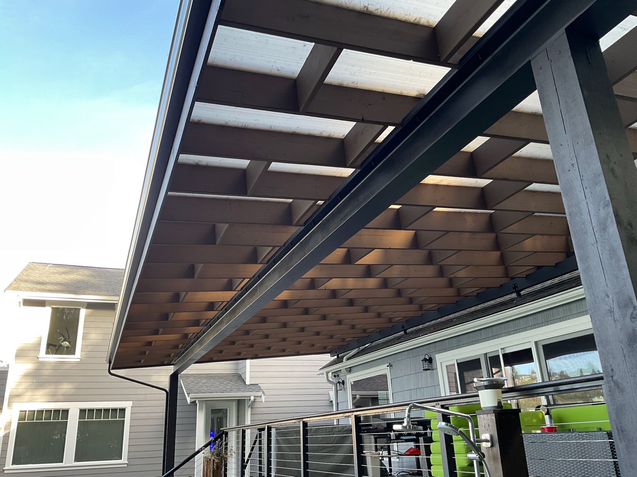 Skylift roof risers attaching patio cover to house