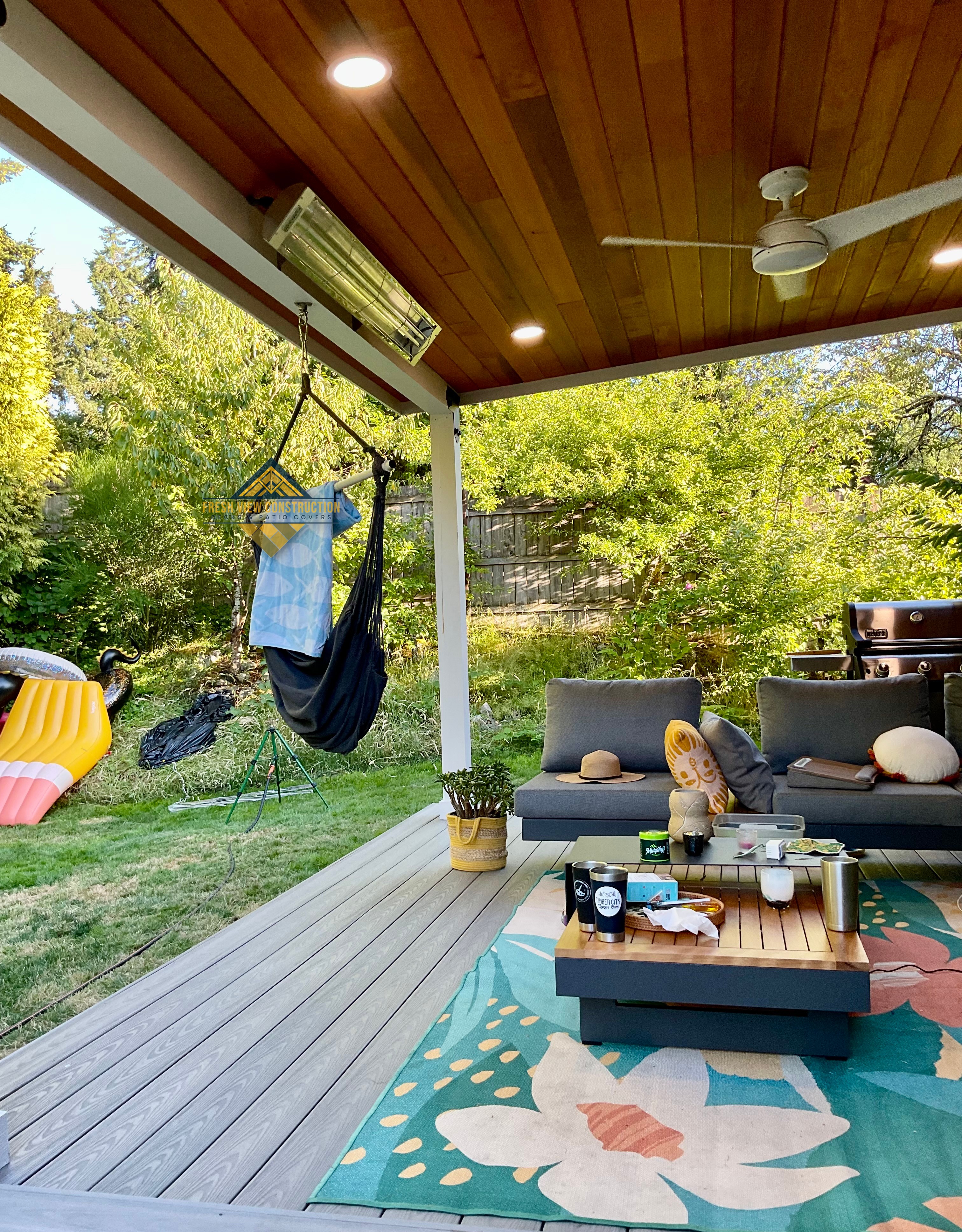 North End covered deck with lighting and ceiling fan installed