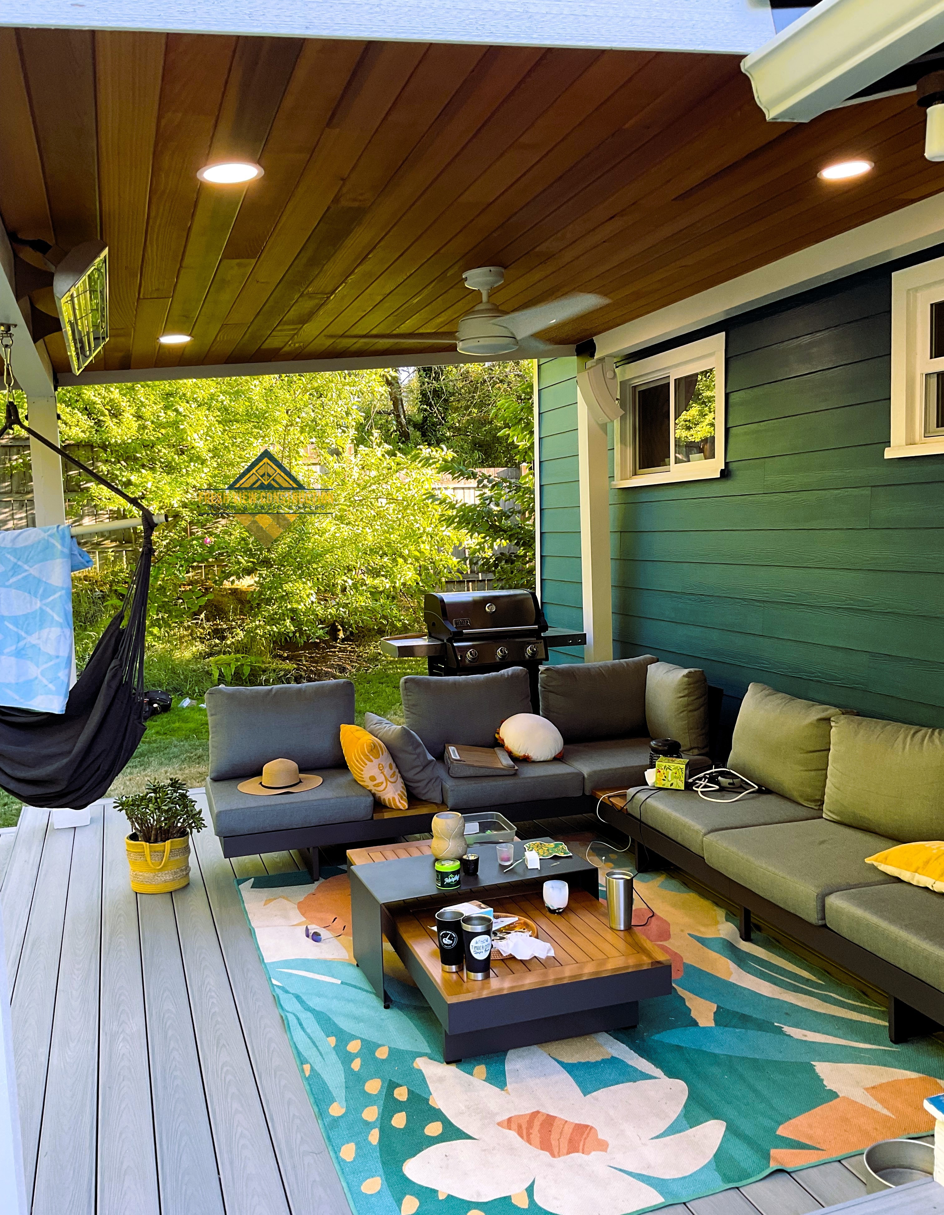 Outdoor heater installed on covered deck for year-round use