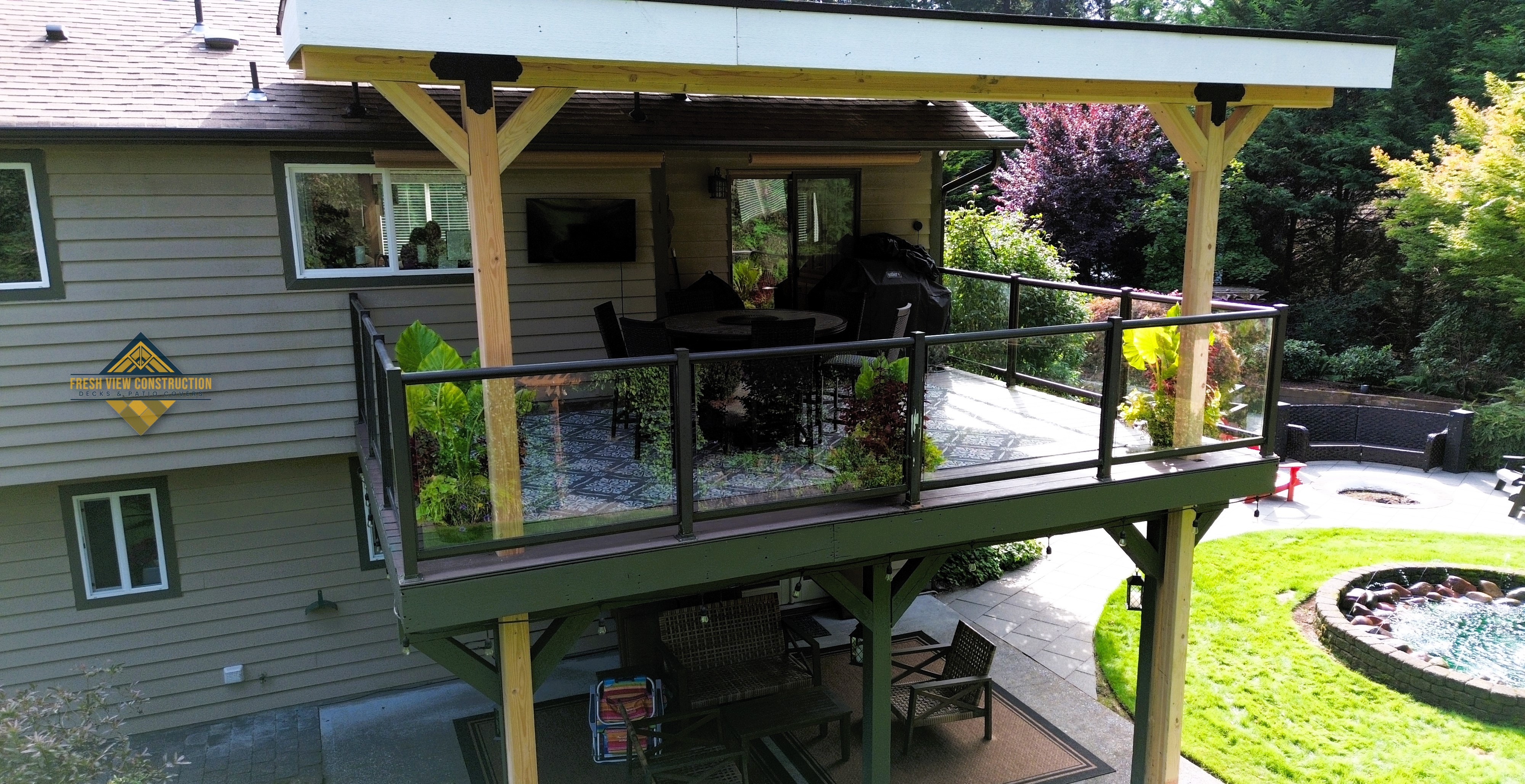 Completed elevated deck showing complex timber-frame structure in Auburn, WA